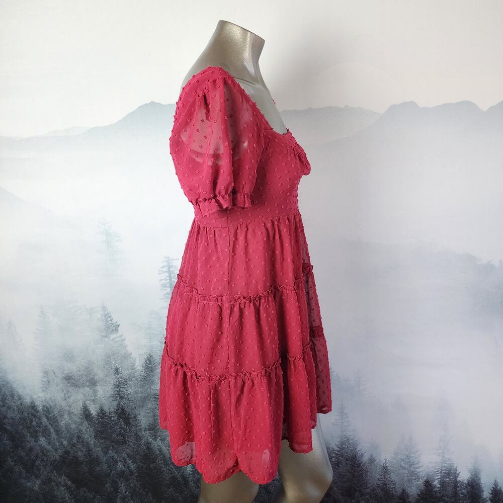 Trixxi Swiss-Dot Tiered Square Neck Pink Mini Dress | Junior's Small - Picture 5 of 14